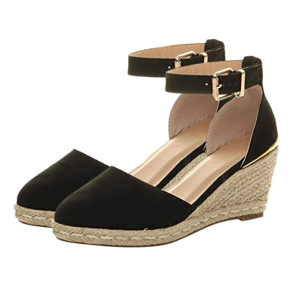 

Women Flock Wedges Shoes Casual Buckle Ankle Strap Basic Sandals 2019 Summer Weaving Breathable Platform Sandals Sandalia