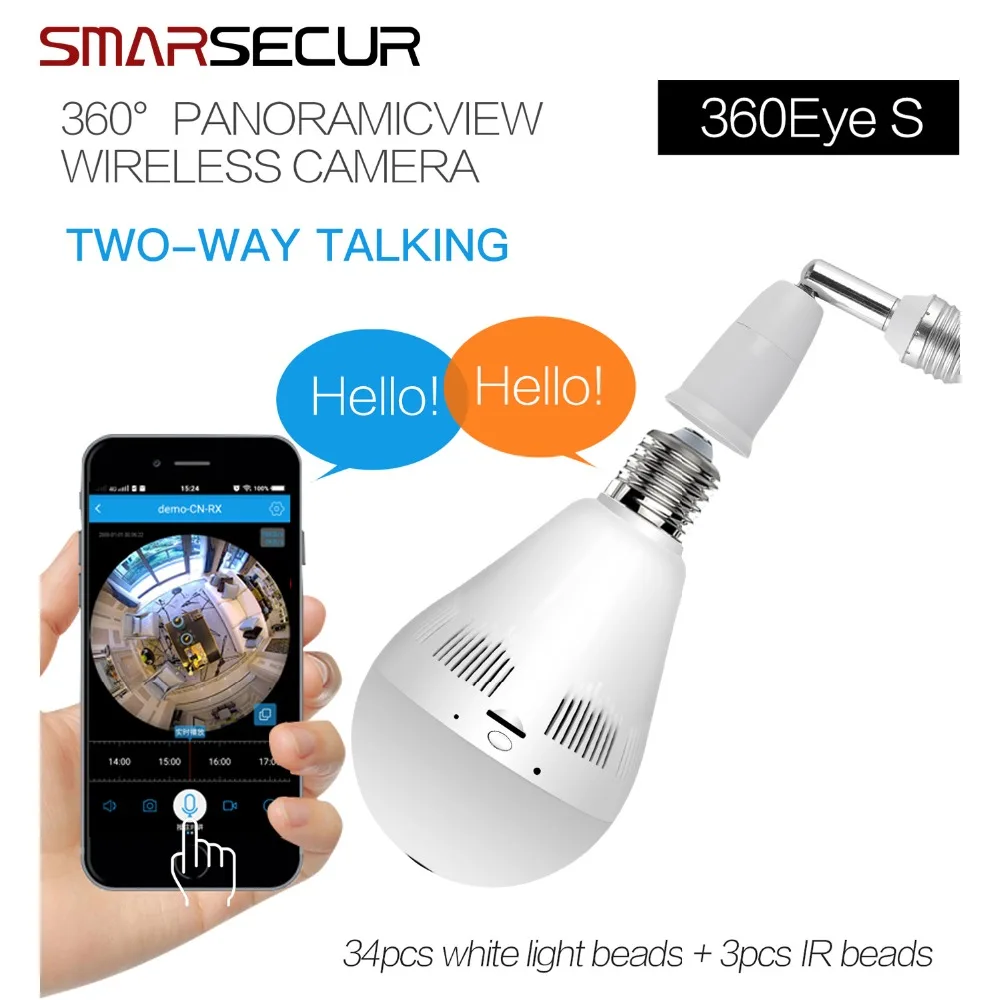 

Wireless Panoramic Home Security WiFi CCTV Fisheye Bulb Lamp IP Camera 360 VR Home Security Burglar
