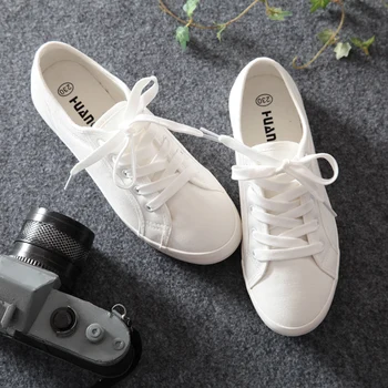 

White Sneakers Women Canvas Cloth Flat Heel All Match Must Have Basic Style Lady Casual Shoes Lace Up Students Shoes Flats 35-40