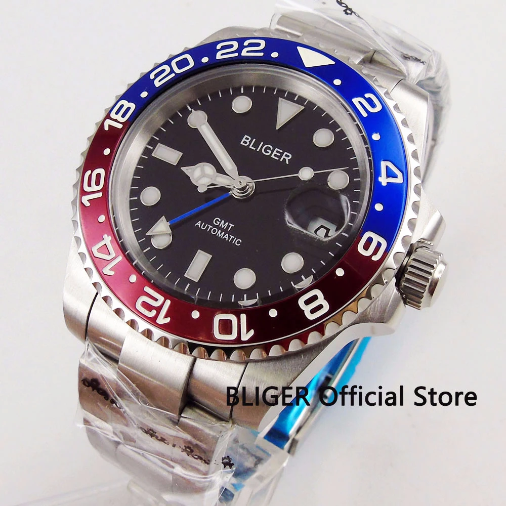 

Sapphire Crystal BLIGER 43MM Big Face Men's Watch Blue Red Alloy Bezel Luminous GMT Function Automatic Movement Wrist Watch