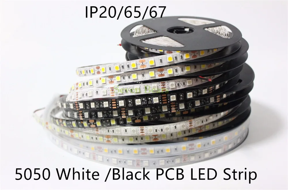 IP20/65/67 Белый/Черный PCB DC12V светодиодные ленты 5050 SMD 5 м 300led 60led/м белый/теплый белый/RGB гибкая светодиодная лента из водонепроницаемого материала