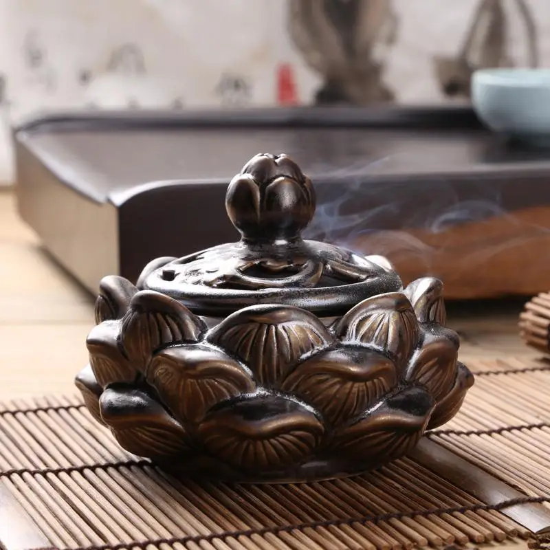 Antique copper ceramic incense burner Lotus flower modelling Incense