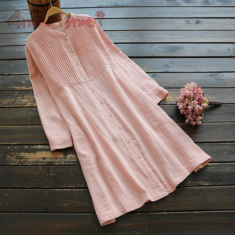 

Mori Girl Autumn New Women Solid Color Stand Collar Casual Loose Long Sleeve Cotton Linen Shirt Dress Female Vestidos