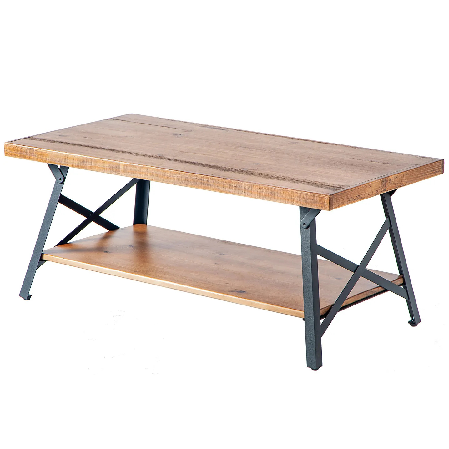 

43" Wood Coffee Table with Metal Legs, Open Storage Shelf for Living Room, Easy Assembly, Rustic Brown