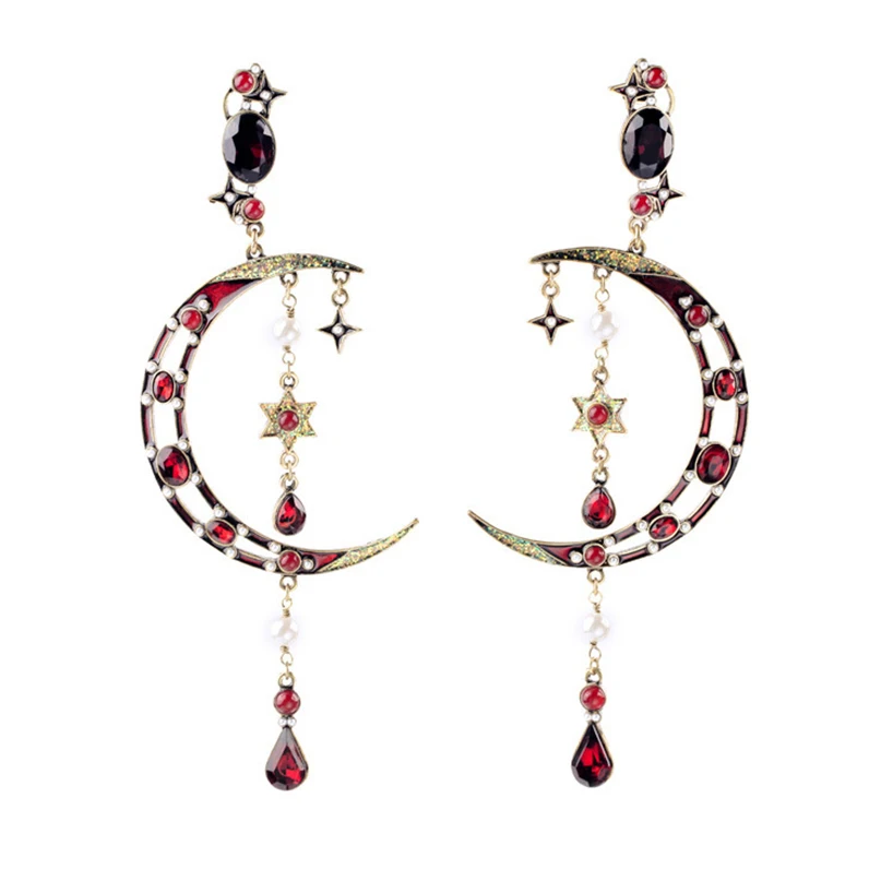 

Trendy Cresent Pearl Teardrop Charms Moon & Stars Celestial Drop Dangle Earrings