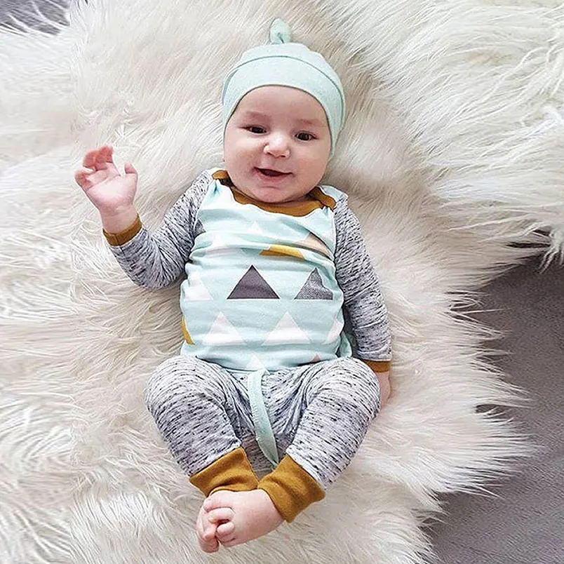 

0-3 Years Cute Baby Boy Girl Unisex Climb Clothes 3 Piece Set Long Sleeve Triangle Print Tops T-Shirt+Pants+Hat Outfit Play Mats