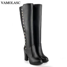 VAMOLASC New Women Autumn Winter Warm Leather Knee High Boots Zipper Rivets Square High Heel Knight Boots Platform Women Shoes