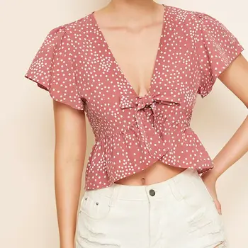 

2019 Women Polka Dot Blouse New Summer Short Sleeve Shirts V Neck Bowknot Ruffle Hem Tie Front Top bow Short Blouses Crop Top