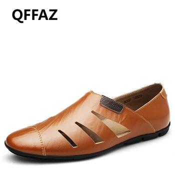 

QFFAZ New Flats Summer Genuine Leather Men Loafers Casual Brand Men Casual Shoes Fashion Breathable Driving Shoes Big Size 38-47