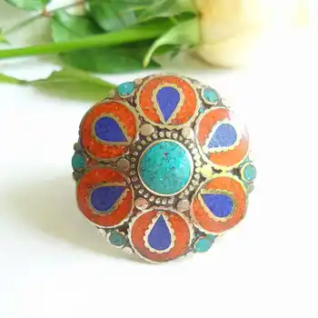 

2019 Spring New Arrival Vintage Big Flower Rings Copper Inlay Colorful Stone Open Rings Multi Designs R017