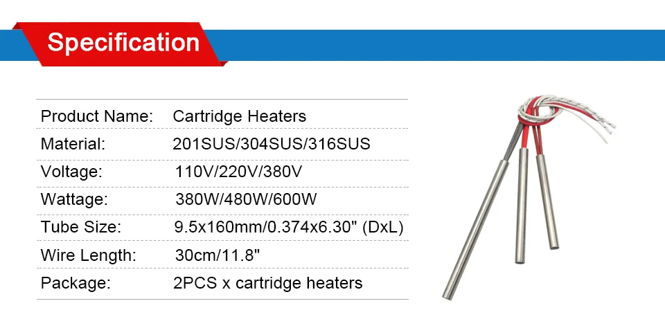 LJXH Нагревательный элемент Плесень проводной Картридж нагреватель AC110V/220 V/380 V 380 W/480 W/600 W 2 шт 9,5X160mm/0,374x6,30"