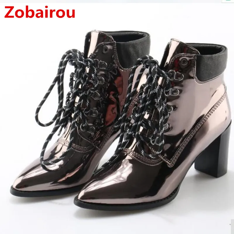 Zobairou Chunky High Heels Patent Leather Lace Up Chelsea Boots Sliver