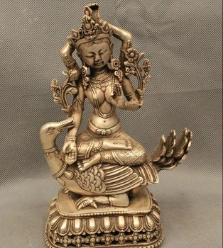 

9"China Tibet Buddhism Folk Silver Sit Swan Four Hands Kwan-Yin Buddha Statue