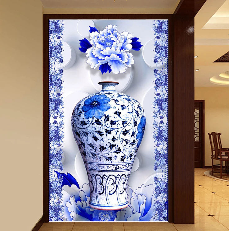 5D алмазная картина, синяя и белая фарфоровая ваза, цветы, растения, китайский стиль, набор алмазной вышивки, Алмазная мозаика, Декор