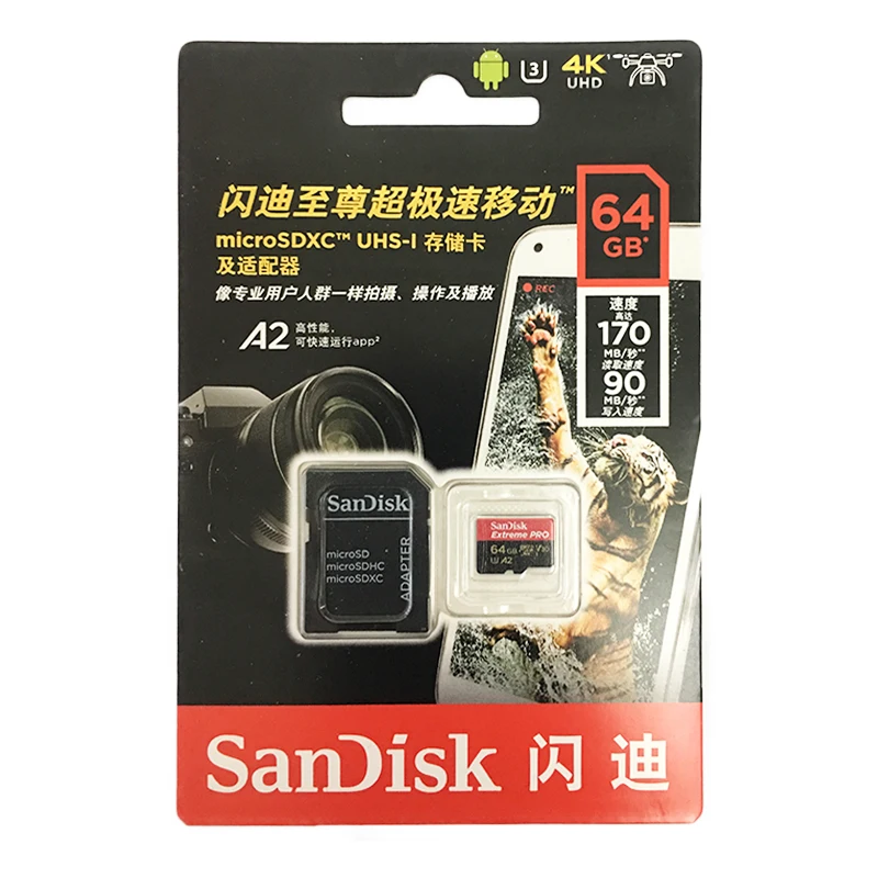 Карта памяти SanDisk 64GB Extreme PRO Flash 256GB tf-карта 128GB MicroSD карта UHS-I U3 C10 V30 A2 4K UHD 170 МБ/с. с адаптером SD