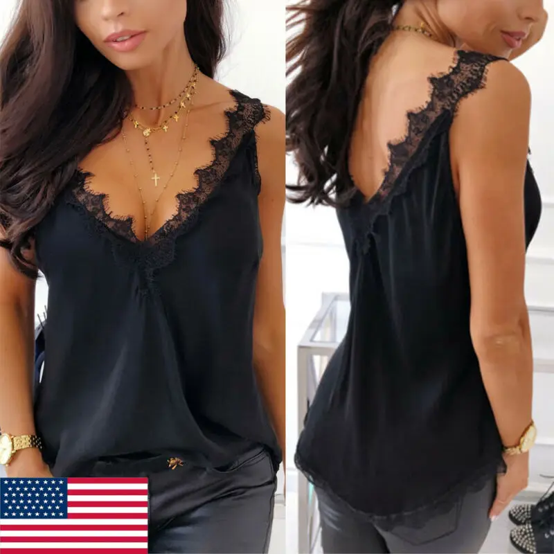 Women Summer Polyester Sleeveless Lace Mesh Loose Vest V-Neck Cami Soft Tank Top