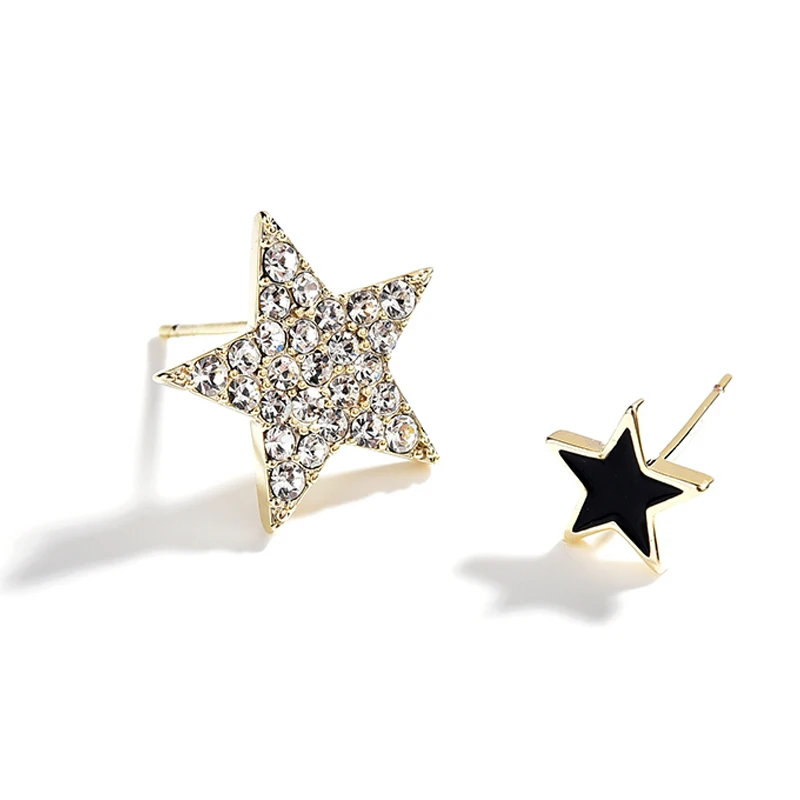 

YANDA Fashion Gold color Sweet Asymmetric CZ Crystal Star Stud Earrings For Women Girl Ear Jewelry With 925 Silver Pin Gifts