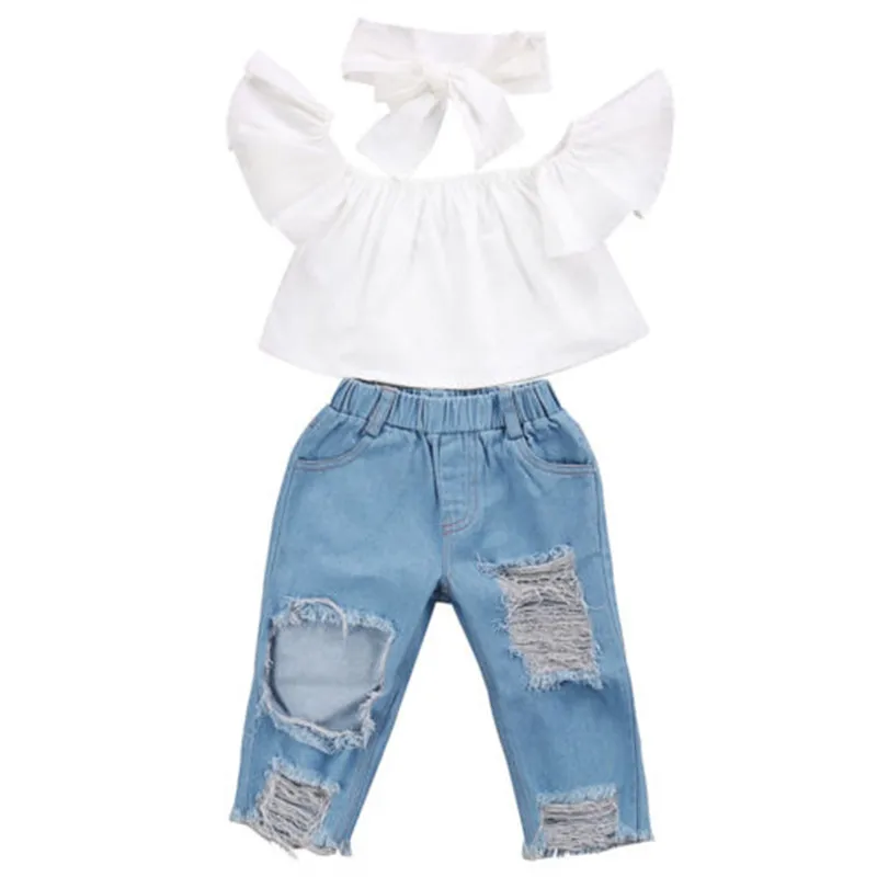 

New 2018 Summer Girls Clothing Sets Baby Kids Clothes Short Sleeve T-Shirt +Hole Denim Pants+ Headband 3Pcs Suits Girls Clothes