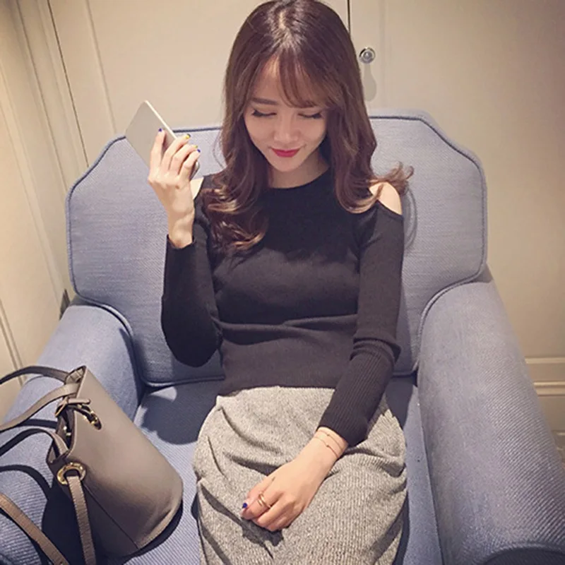 2019 Korean Fashion Solid Femme Casual Long Sleeve Pullover Tops Woman Clothes O-Neck Sexy Off Shoulder Sweaters Pullovers