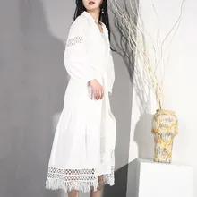 LANMREM Новое однотонное винтажное белое платье с v-образным вырезом и поясом для женщин, летнее Свободное длинное Бандажное элегантное платье S08900