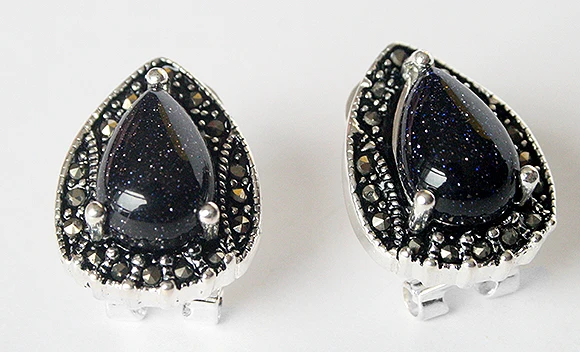 VINTAGE 925 STERLING SILVER BLUE SAND STONE  MARCASITE STUD EARRINGS 15X19MM