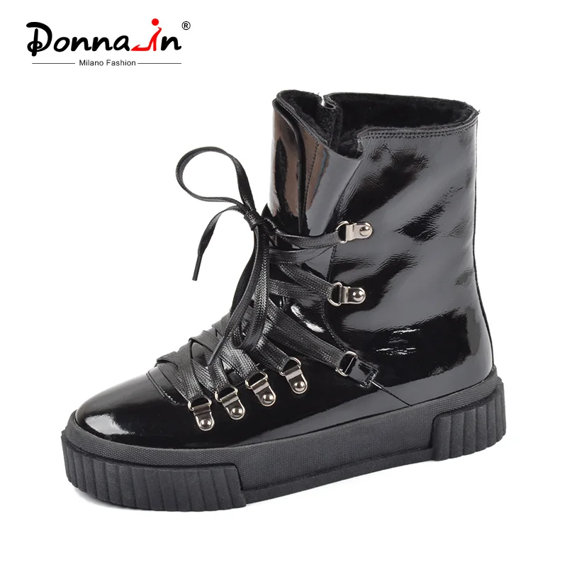 

Donna-in 2019 Fashion Winter Ankle Boots Women Leather Platform High Heel Lace Up Short Pulsh Warm Female Boots Ladies Shoes