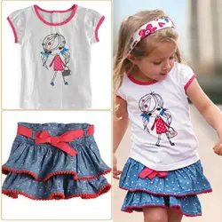 Распродажа! бесплатная доставка комплект с платьем для маленьких девочек, футболка + юбка/футболка + джинсы, хлопковая одежда для малышей