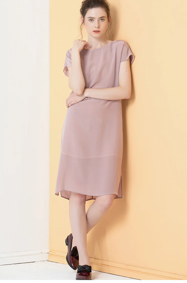 Женское шелковое платье, натуральный шелк, креп, одноцветные офисные платья для женщин, о-образный вырез, длина до колен, шелковое платье, лето, новое розовое
