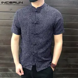 INCERUN Hanfu мужская туника мужской Молодежный тонкий костюм Тан 2019 летняя китайская рубашка с короткими рукавами ретро пряжа для вышивания