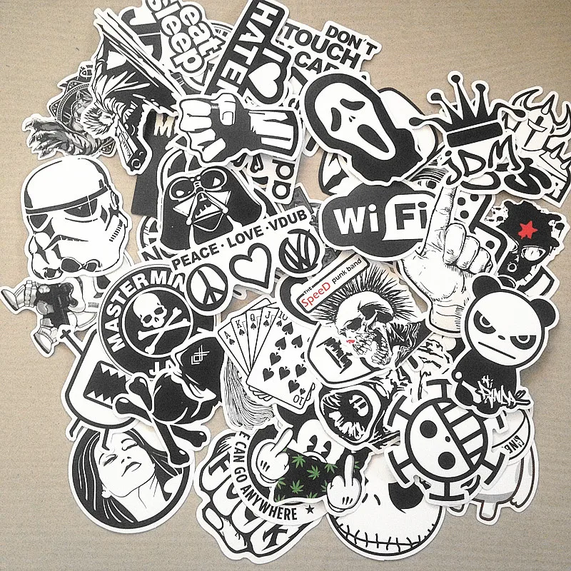100pcs black and white mixed Sticker cartoon Stickers for laptop skateboard bicycle suitcase pvc Rock Design