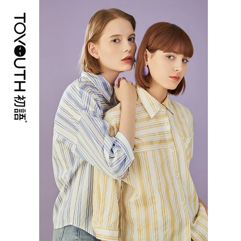  Toyouth 2019 Women Spring Blouse Fashion Turn-Down Collar Stripe Print Three-Quarter Sleeve Shirt F