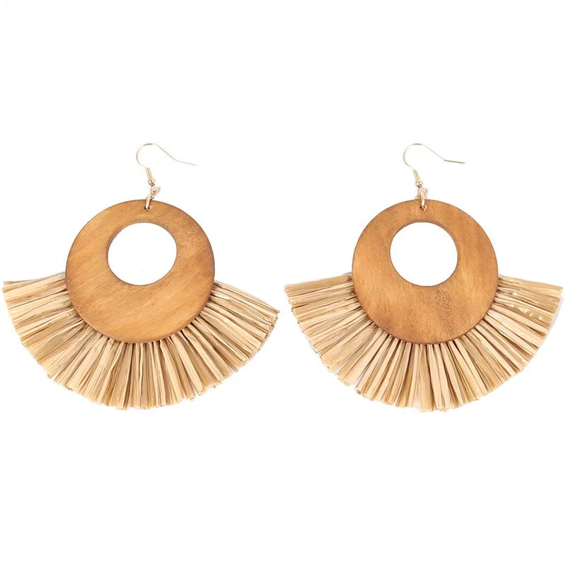 Bohemia Style Spring Raffia Dangle Earrings Made with Woven Rattan for Women Wood Drop Raffia Tassel Drop Earrings