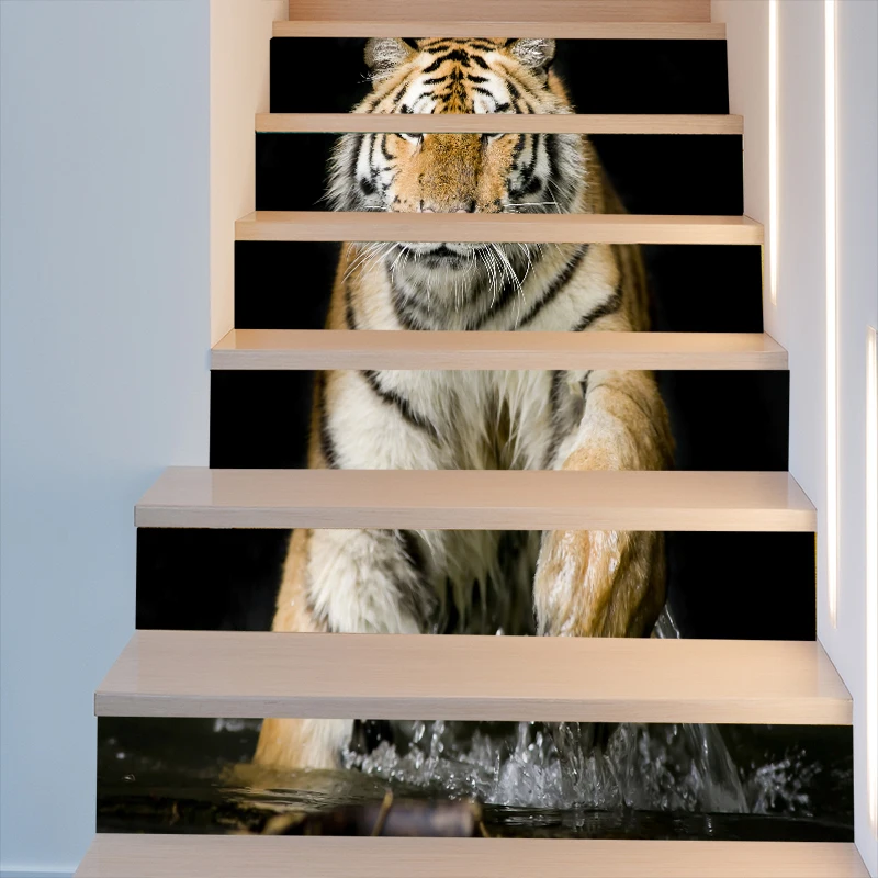 Tiger 6Pcs DIY 3D Stairway Stickers Waterfall Stairs Stickers Fall Floor Wall Decor Decals Sticker Living Room Decoration AP24