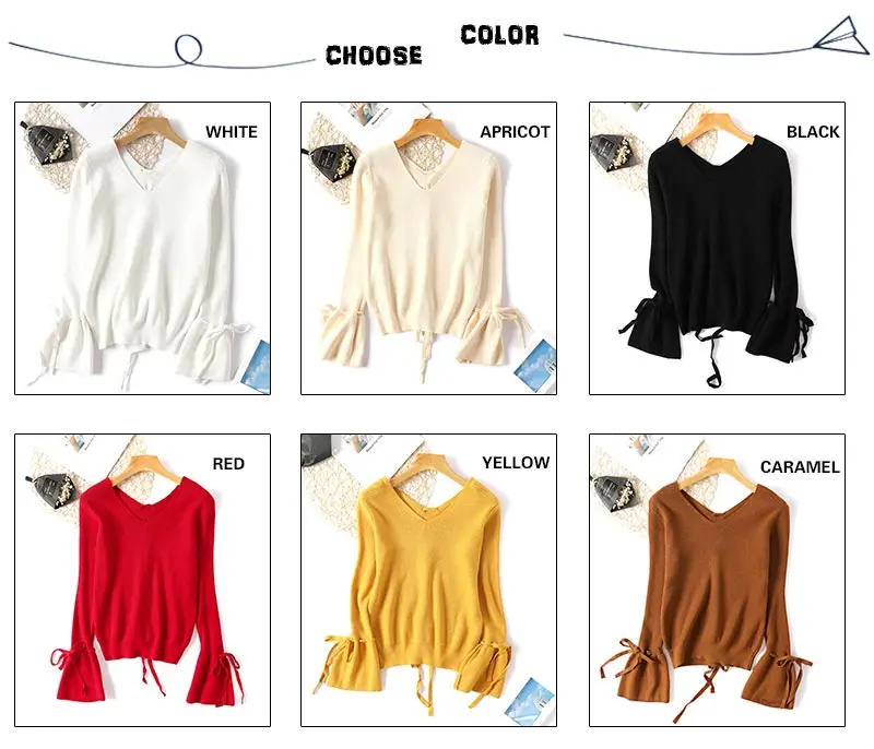V Neck Sweater Women Knitted Pullover Winter 2018 Lace-up Top Casual Woman Flare Long Sleeve Ladies Sweaters and Pullovers Solid (1)