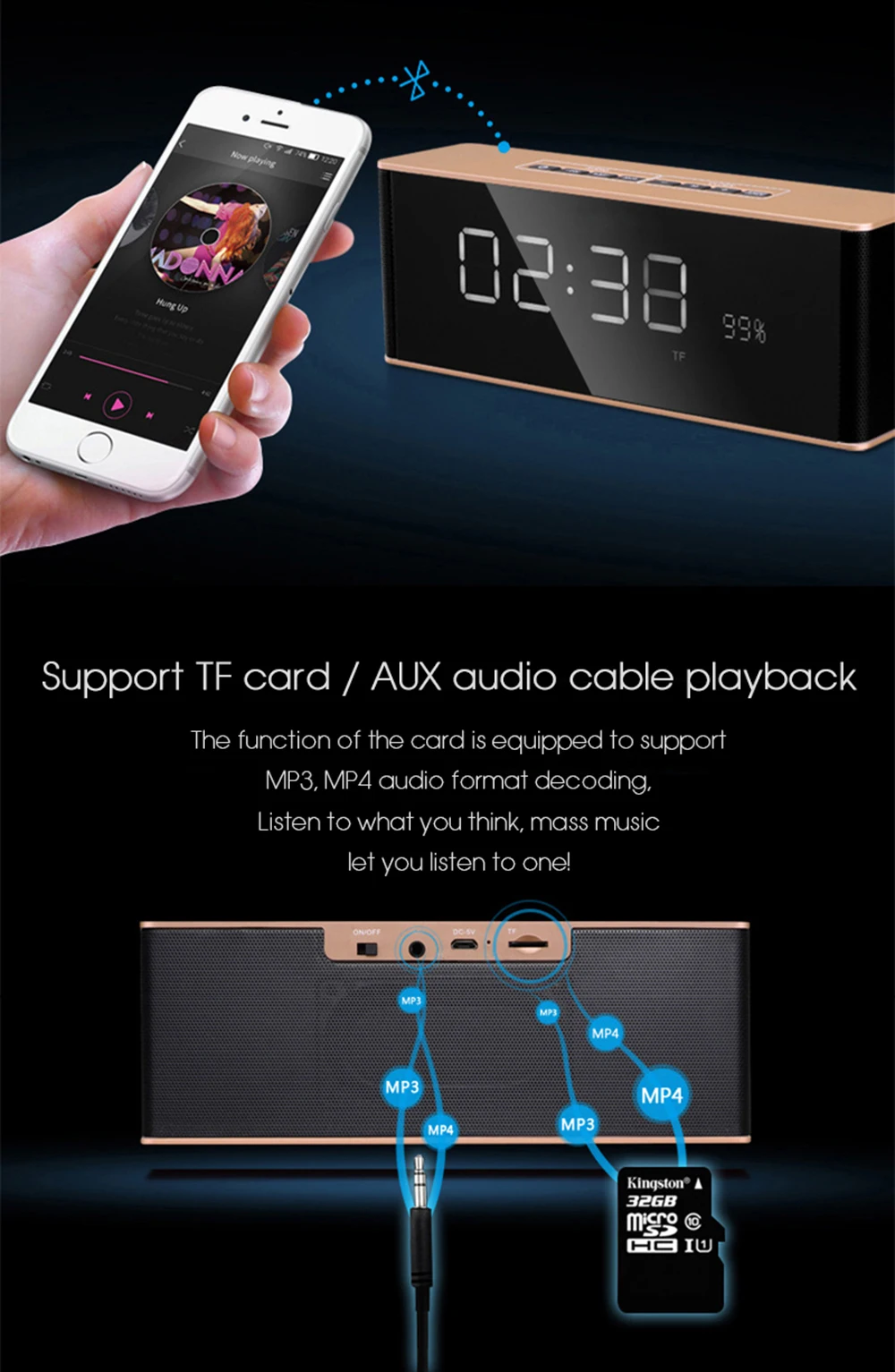 Portable Bluetooth Speaker 10W Kalonki with LED Display FM Radio Alarm Clock Mic HIFI Mini Wireless Stereo Soundbar for Computer (12)