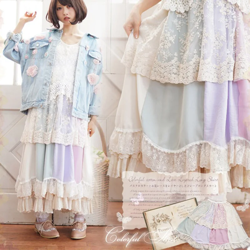 На весну в стиле «Mori Girl женские плиссированные юбки Harajuku с цветочным узором разных цветов со швами кружевное платье свободного покроя с вышивкой и половина женские туфли в стиле «лолита» юбки A208