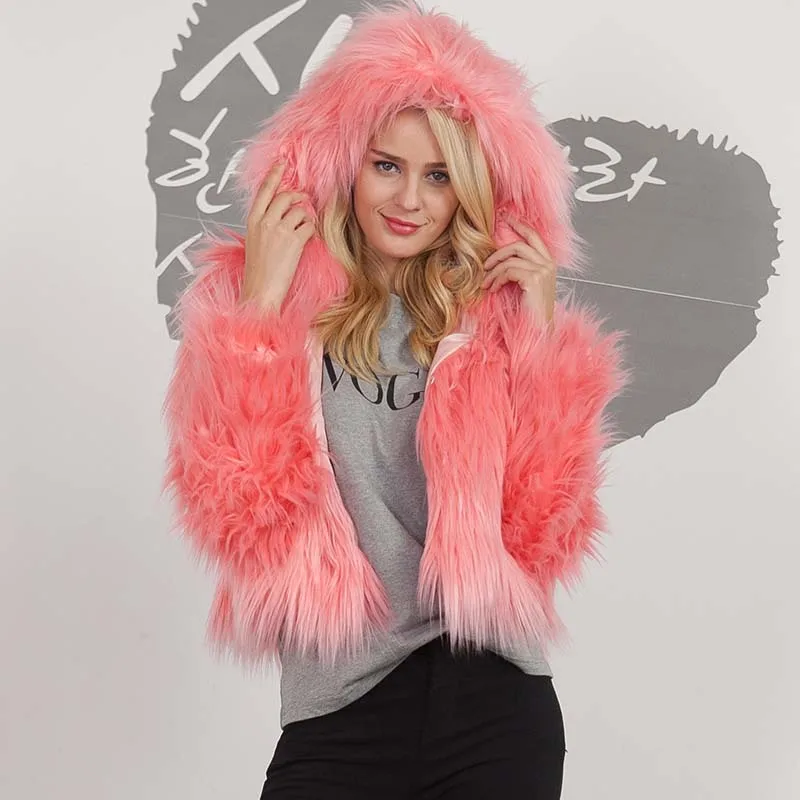 

New Faux Fur Hooded Coat Winter Women Warm Long Sleeve Short Style Fur Coat Hood Jacket Hairy Overcoat Outwear Oversized Coat