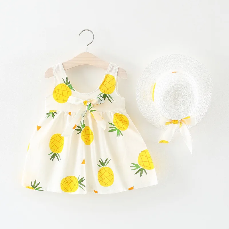 

Oklady 2019 baby girl summer bow pineapple print dress with hat kid girl