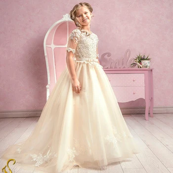 

Light Champagne Flower Girl Dresses Ball Gown Lace Up Short Sleeves Appliques First Communion Birthday Gown Vestidos Custom