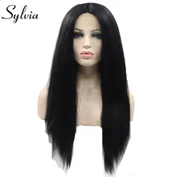 Sylvia 1b длинные Yaki прямо синтетические кружева спереди парики Glueless натуральный черный жаропрочных волокна волос для черные женские