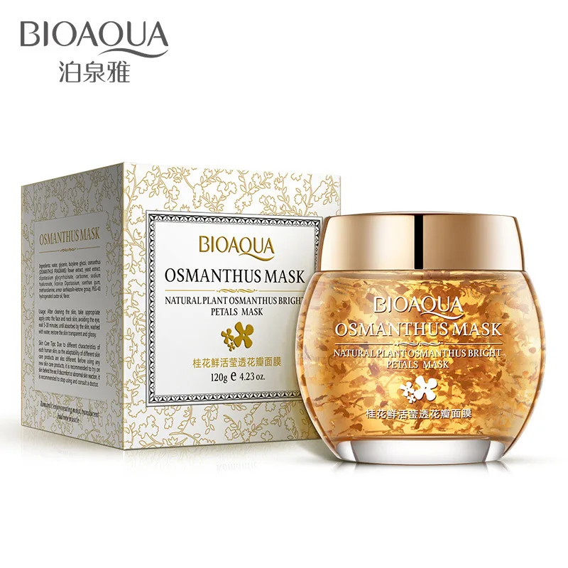 золотая маска для лица 24к brighting. маска для лица с 24к золотом. ночная маска для лица с золотом. маска для лица с лепестками османтуса bioaqua. 24k pure gold moist repair mask.