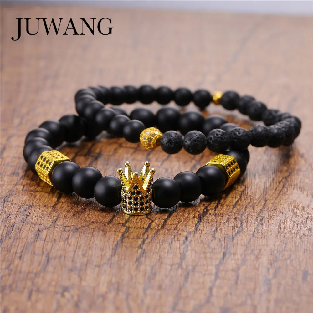 

JUWANG 2pcs/set Men Crown CharmBead Bracelet Bangle Natural Beads Bracelet for Women