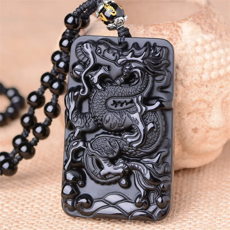 

Free Shipping 100% Natural Black Obsidian Chinese Dragon Pendant Women Men's Amulet Lucky Jewelry Pendants With Beads Necklace