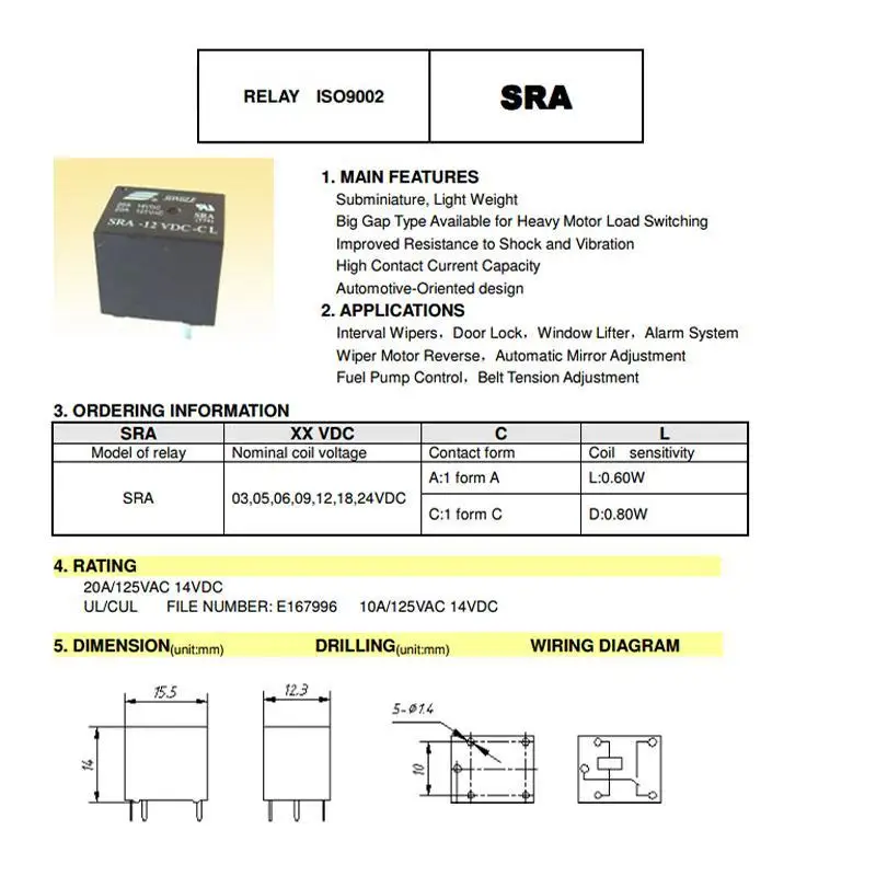 2 шт. 12 В 20A DC мощность реле SRA-12VDC-CL 5Pin PCB тип ЧЕРНЫЙ автомобильное реле