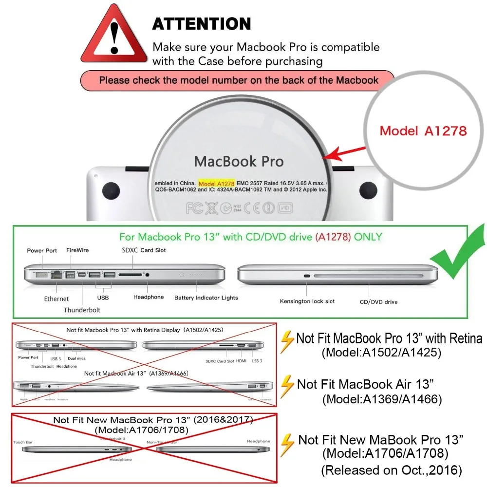 Жесткий чехол для ноутбука только для Apple MacBook Pro 13 дюймов с CD-ROM(модель: A1278, версия ранняя 2012/2011/2010/2009/2008