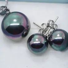 925 серебро Prety 14 мм Черный Морской корпус Жемчужное ожерелье 17 ''+ 10 мм серьги-гвоздики AAA Белый Серебряный Кристалл женщин