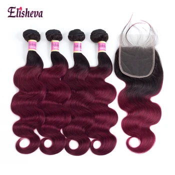 

Elisheva Ombre 4 Bundles With Closure 1B/red burgundy Bundles With Lace Closure Malaysian Body Wave 100% Remy Human Hair Weave