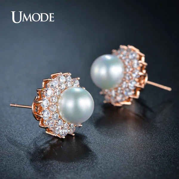UMODE Noble Shaped Synthetic Pearl Earrings French Clip Stud Earrings Semi Joias New Rose Gold Color Jewelry Aretes UE0161A