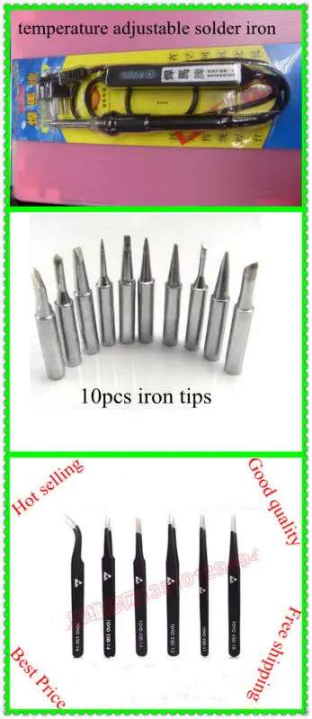 ФОТО 220V Electronics temperature adjustable Soldering Iron +6pcs different size repair tweezers+10pcs Solder Iron Tip 900M-T Series