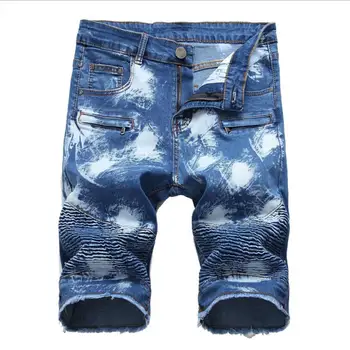 

Men Blue Denim Shorts New Summer Pleated Stretch Short Jeans High Street Style Men Distressed Jeans Shorts Zipper Casual Jeans